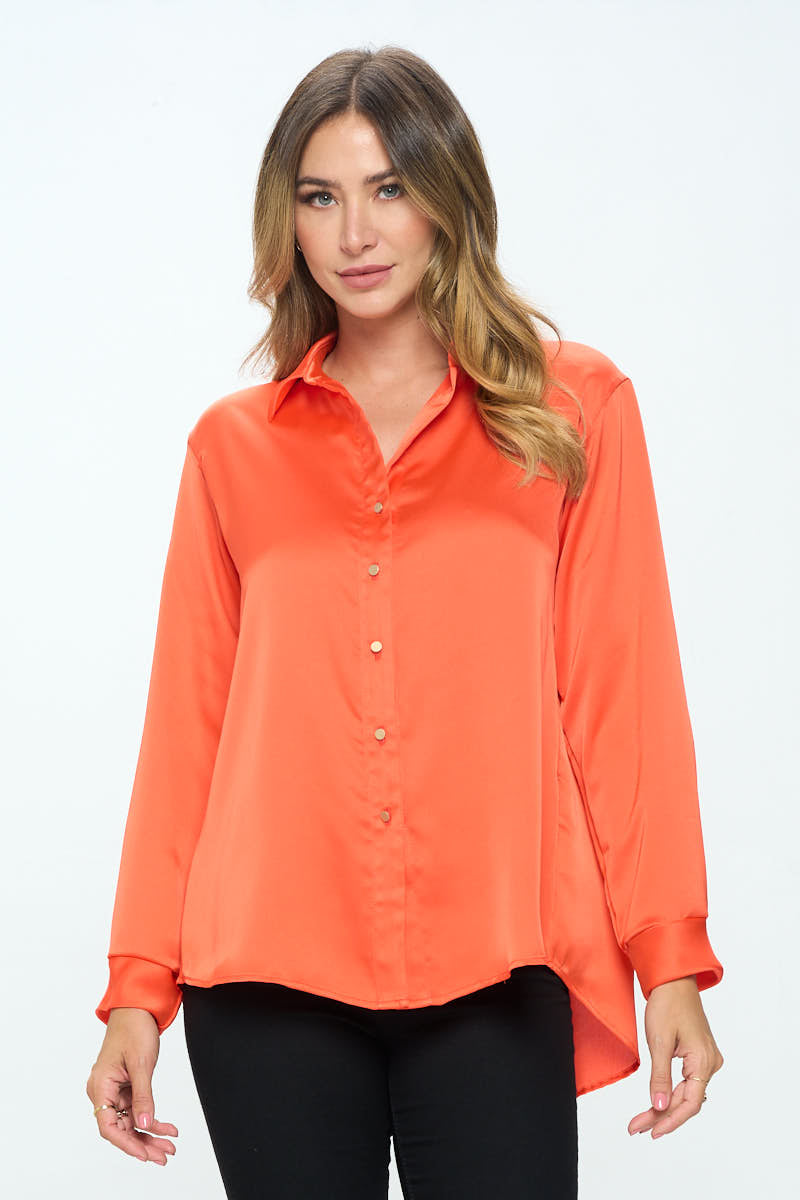 Stretch Satin V Neck Blouse With Collar-Renee C.-LARGE-ORANGE-Urbanheer