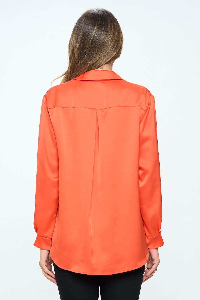 Stretch Satin V Neck Blouse With Collar-Renee C.-LARGE-ORANGE-Urbanheer