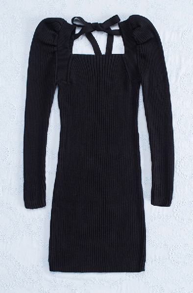 Samantha Puffy Sleeve Sweater Dress-Stay Warm in Style-BLACK-SMALL-Urbanheer