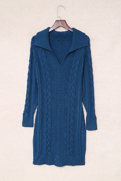 Bella Cable Knit Sweater Dress-Stay Warm in Style-BLUE-SMALL-Urbanheer