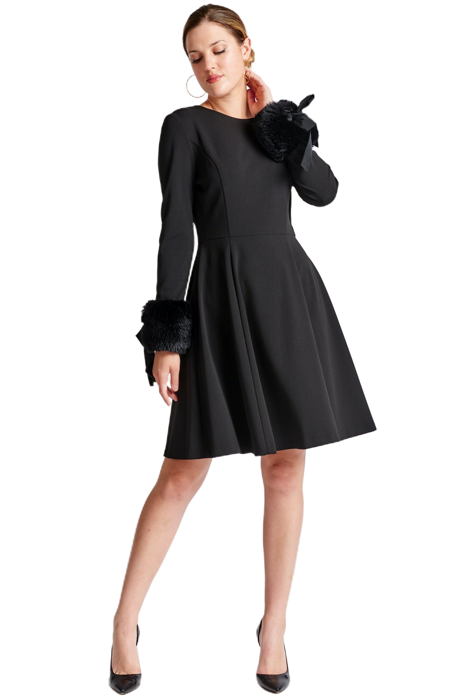 Fit & Flare Black Dress Faux Fur Cuffs Cocktail Party Dress 2 / Black Fit & Flare Black Dress Faux Fur Cuffs Cocktail Party Dress 2 / Black