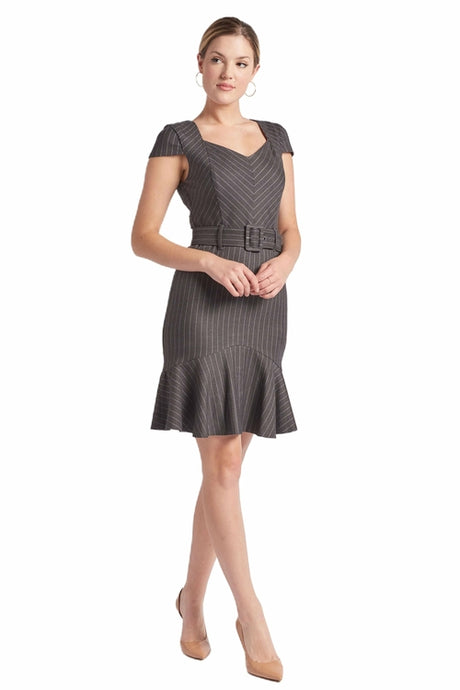 Chelsea Dress - Cap sleeve pinstripe dress with self belt and ruffle
