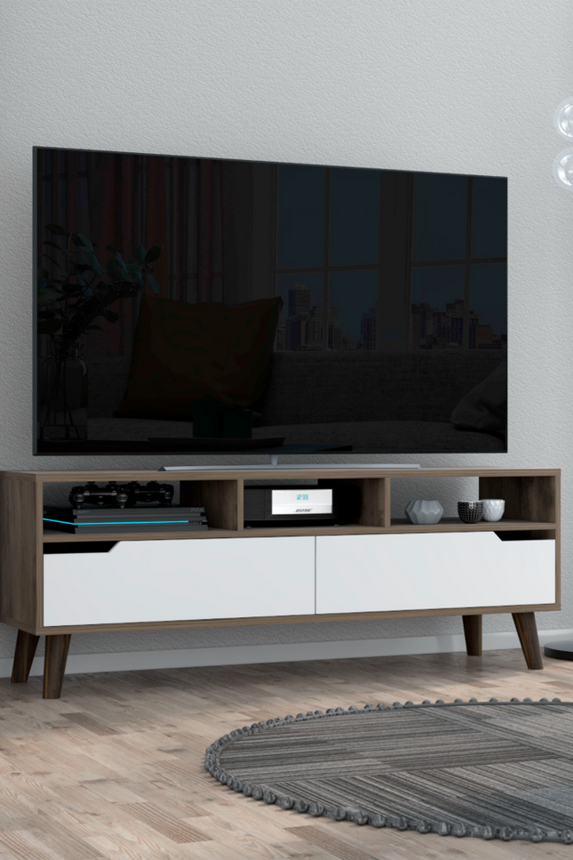 Bull Tv Stand 2.0 For Tv´S Up 52", Four Legs, Three Open Shelves,Two Drawers, White And Dark Brown Finish-We Have Furniture-Urbanheer