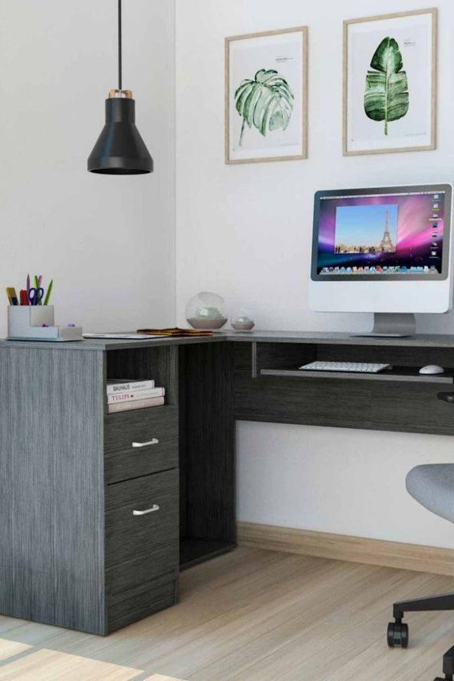 Bradford L Shaped Desk, Keyboard Desk, Smokey Oak Finish-We Have Furniture-Urbanheer