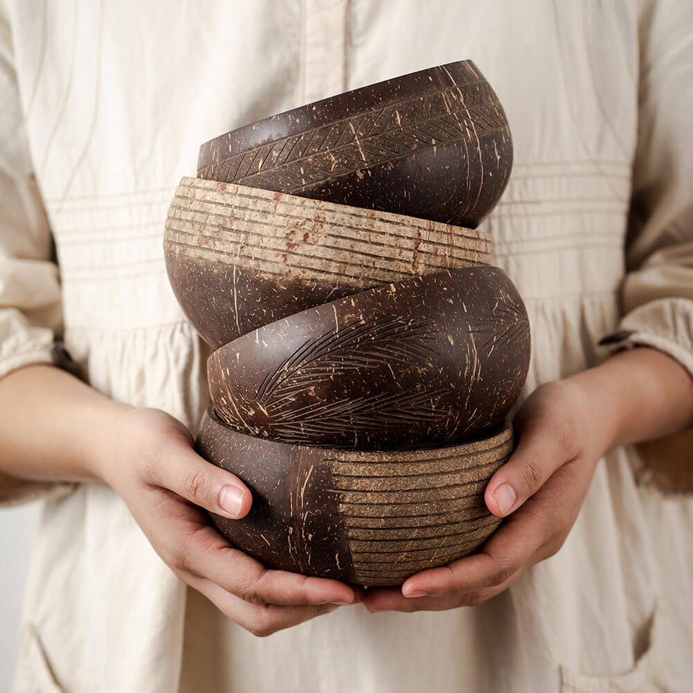 Eco-Friendly Coconut Bowls & Spoons Set Of 4-Jungle Culture-Striped-Urbanheer