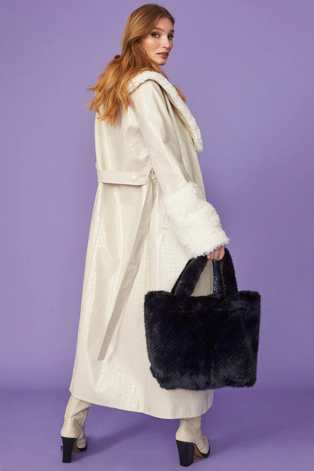 Cream Faux Leather Trench Coat With Detachable Faux Mongolian Collar And Cuffs-Clothing - Women-Buy Me Fur Ltd-Urbanheer