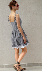 Adele Check-Print Cotton Spaghetti Straps Mini Dress-2KStyle-xs-Urbanheer