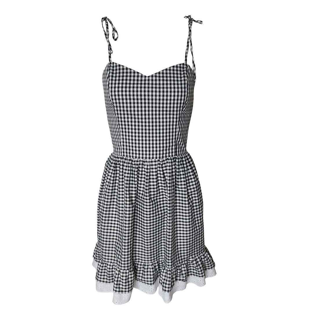 Adele Check-Print Cotton Spaghetti Straps Mini Dress-2KStyle-xs-Urbanheer