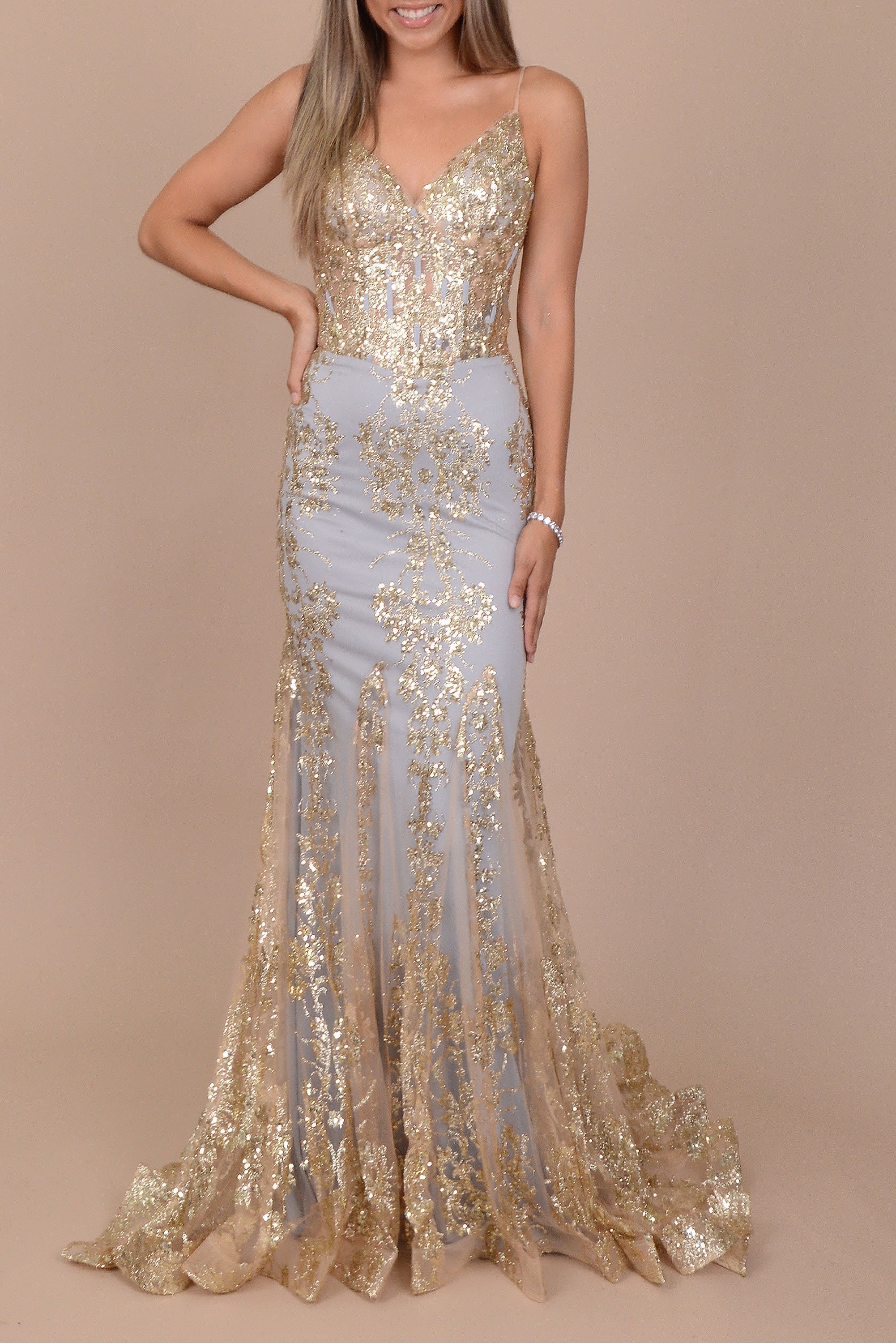 Dylan & Davids Fitted Corset Long Formal Prom Dress-Dylan & Davids-Rose Gold-14-Urbanheer