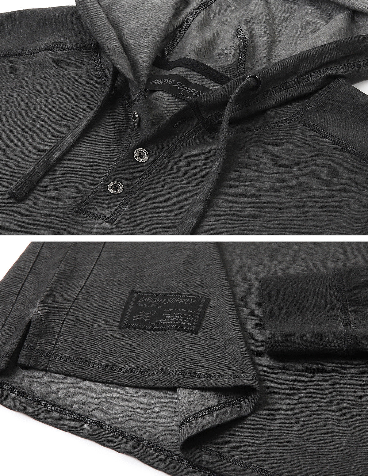 Restocked! Zimego Long Sleeve Vintage Oil Wash Garment Dye Hooded Henley-ZIMEGO MEN-Small-Black-Urbanheer