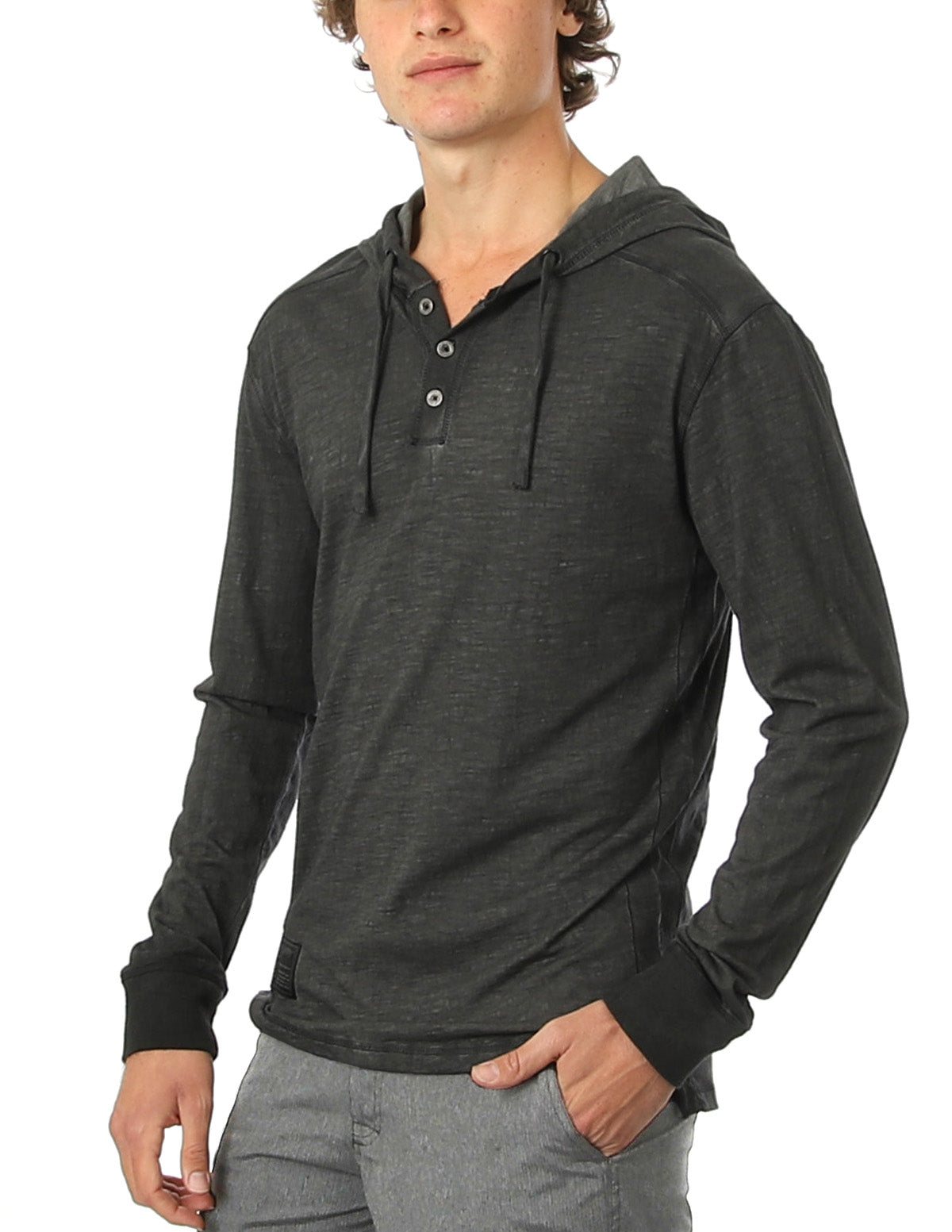 Restocked! Zimego Long Sleeve Vintage Oil Wash Garment Dye Hooded Henley-ZIMEGO MEN-Small-Black-Urbanheer