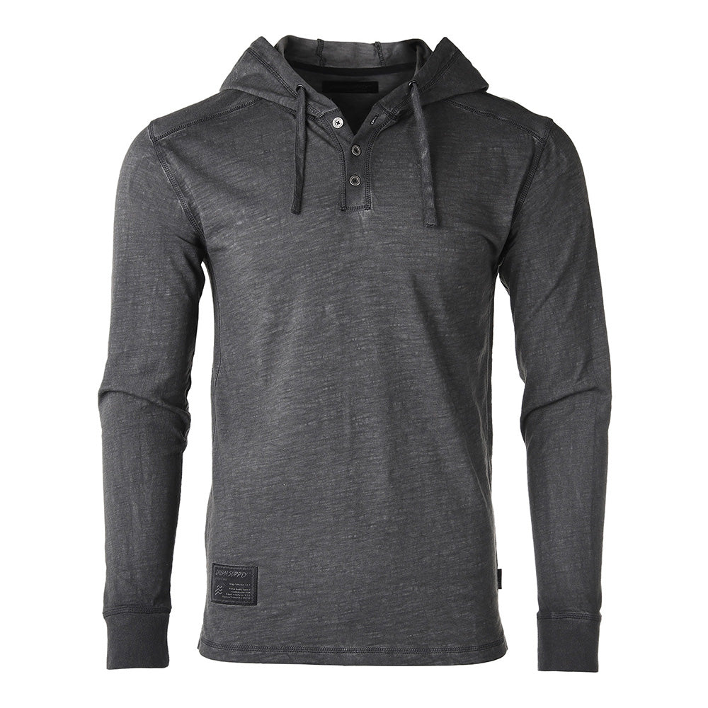 Restocked! Zimego Long Sleeve Vintage Oil Wash Garment Dye Hooded Henley-ZIMEGO MEN-Small-Black-Urbanheer