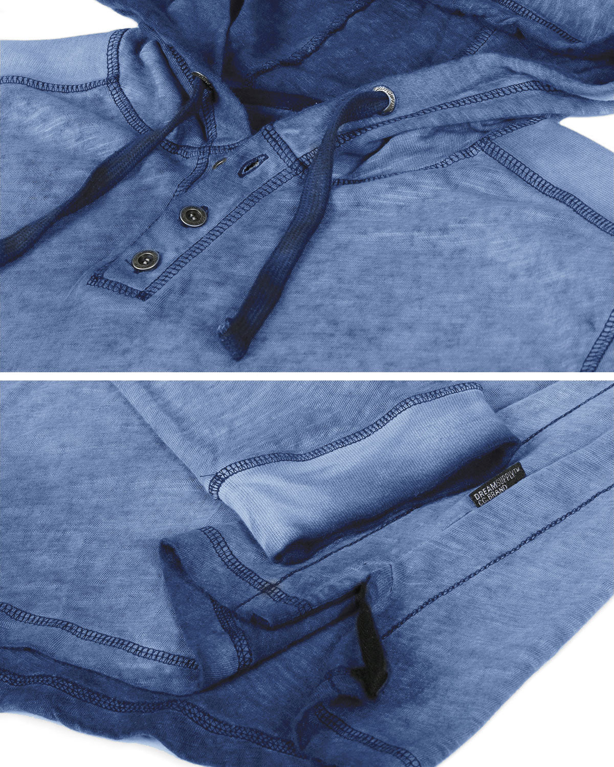 Zimego Long Sleeve Vintage Oil Wash Garment Dye Hooded Henley-ZIMEGO MEN-Small-Blue-Urbanheer