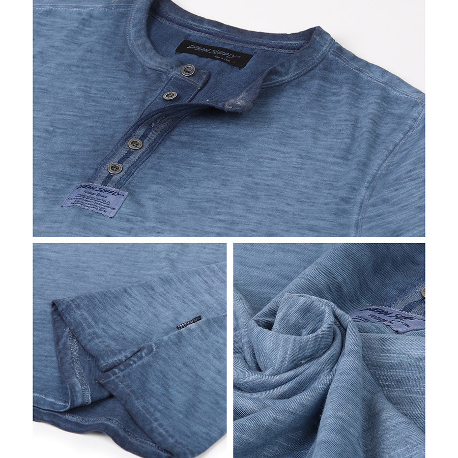 Zimego Mens Long Sleeve Crew Neck Oil Wash Vintage Button Henley T-Shirt-ZIMEGO MEN-XX-Large-Blue-Urbanheer