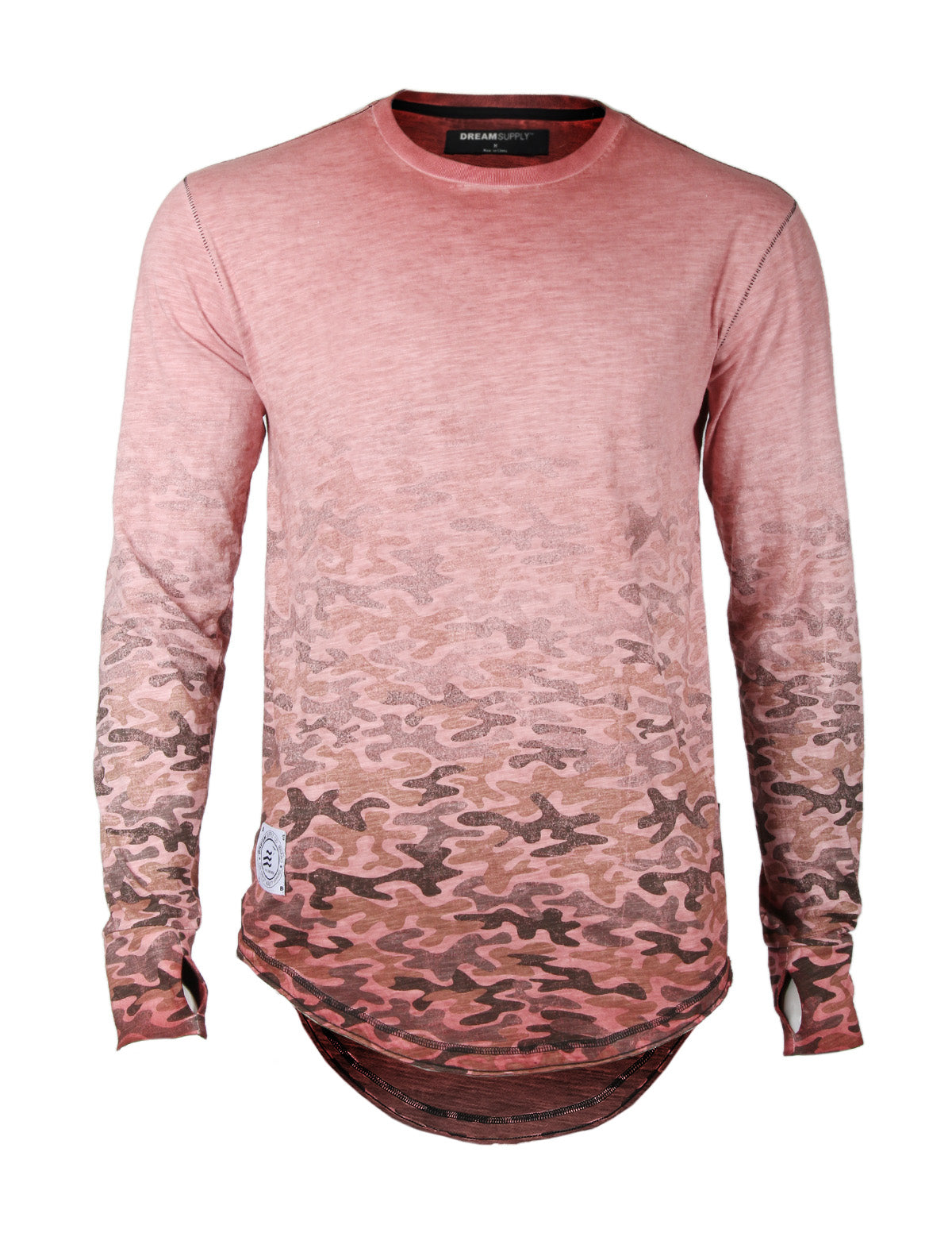 Men'S Long Sleeve Camouflage Longline Round Bottom Oil Wash T-Shirts-ZIMEGO MEN-XX-Large-ROSE-Urbanheer