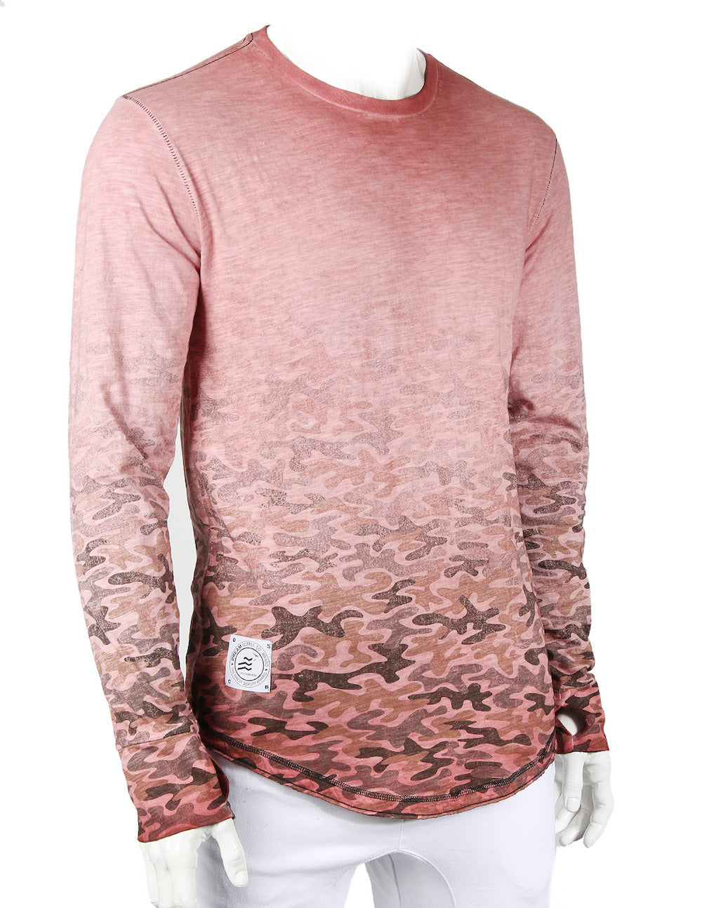 Men'S Long Sleeve Camouflage Longline Round Bottom Oil Wash T-Shirts-ZIMEGO MEN-XX-Large-ROSE-Urbanheer
