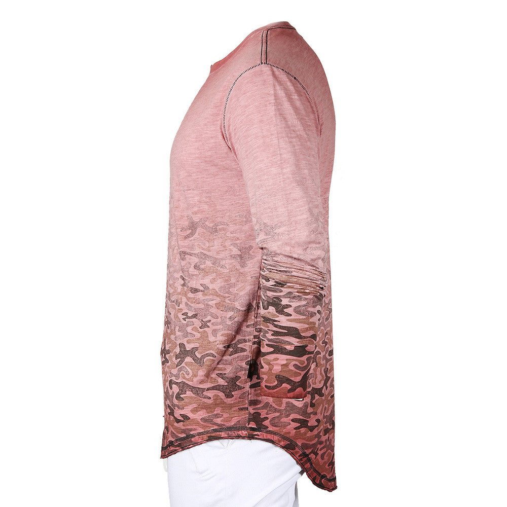Men'S Long Sleeve Camouflage Longline Round Bottom Oil Wash T-Shirts-ZIMEGO MEN-XX-Large-ROSE-Urbanheer