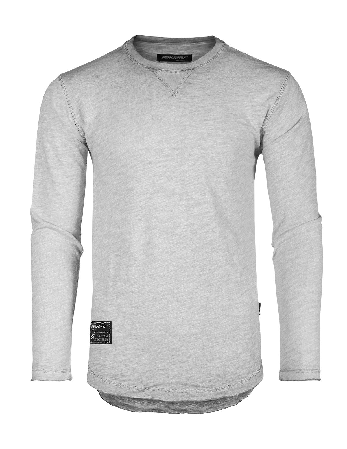 Zimego Mens Long Sleeve Crewneck Oil Wash Vintage Raw Edge Hem Hipster Hip-Hop T Shirt-ZIMEGO MEN-Small-Silver-Urbanheer