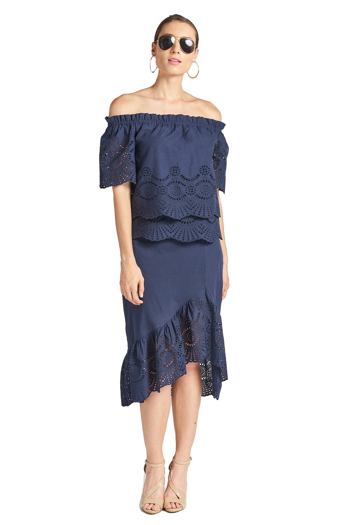 Aster Skirt - Cotton eyelet asymmetric hi-lo skirt (navy)-Peach Dionysus-L-Navy-Urbanheer
