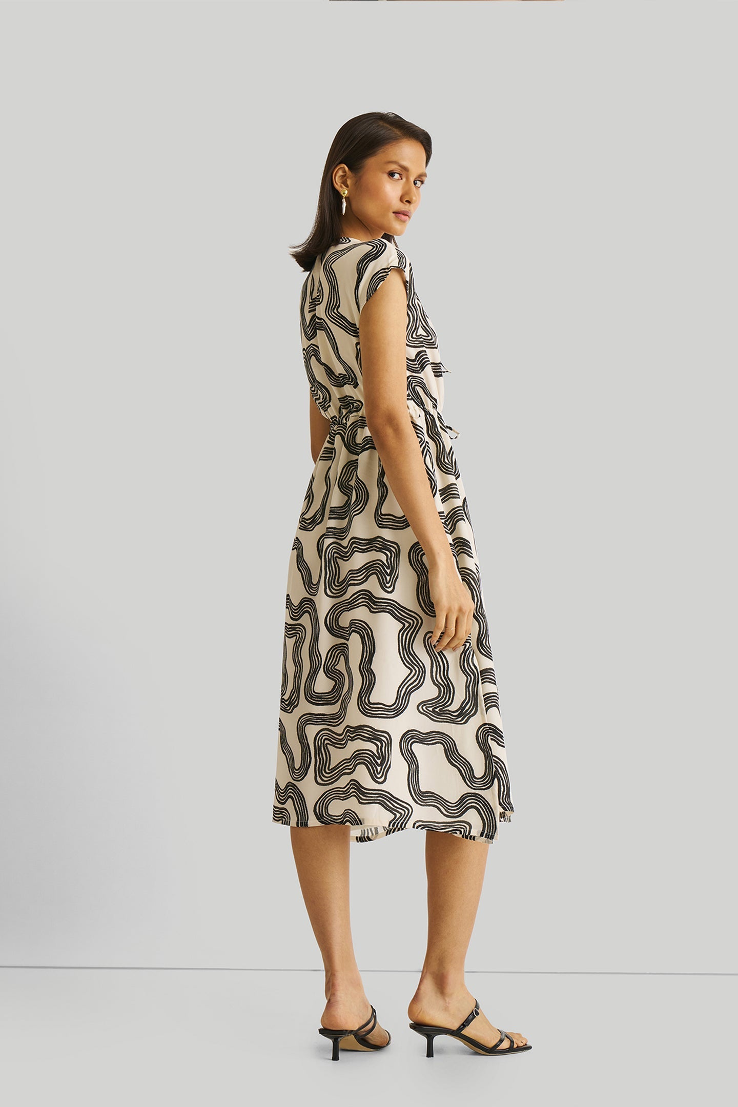 Deep V-neck Gathered Dress in Black Stripes-DRESSES-Reistor-Maze-XS-Urbanheer