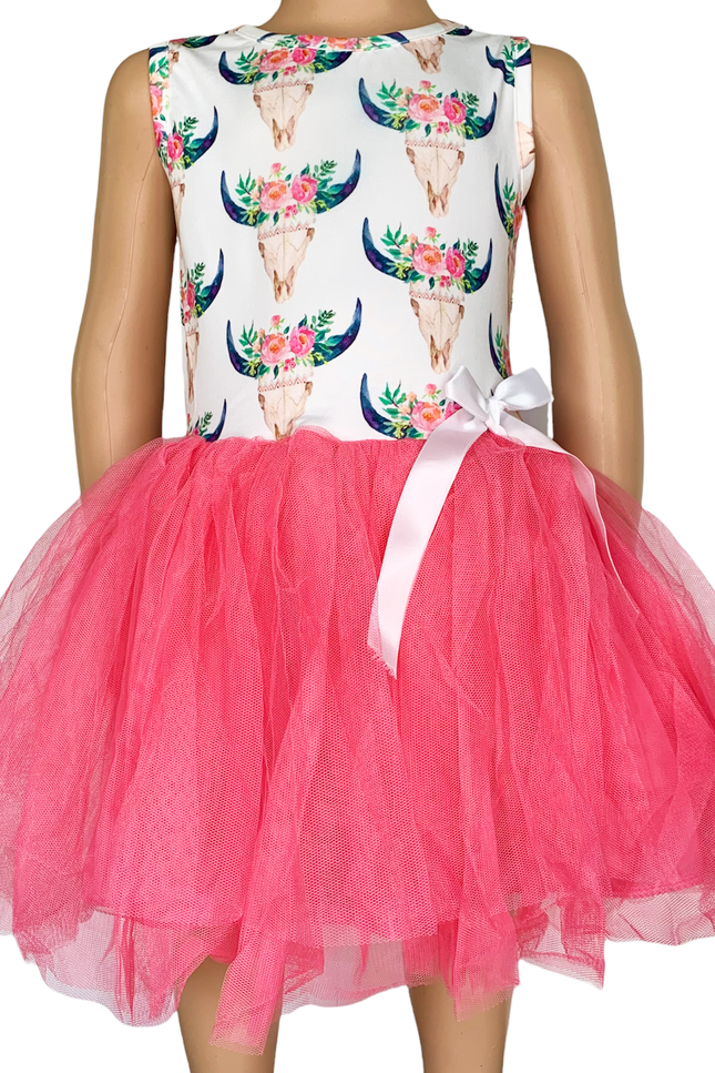 AL Limited  Little & Big Girls Rose Cow Skull and Pink Tulle Party Dress