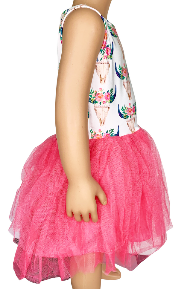 AL Limited  Little & Big Girls Rose Cow Skull and Pink Tulle Party Dress