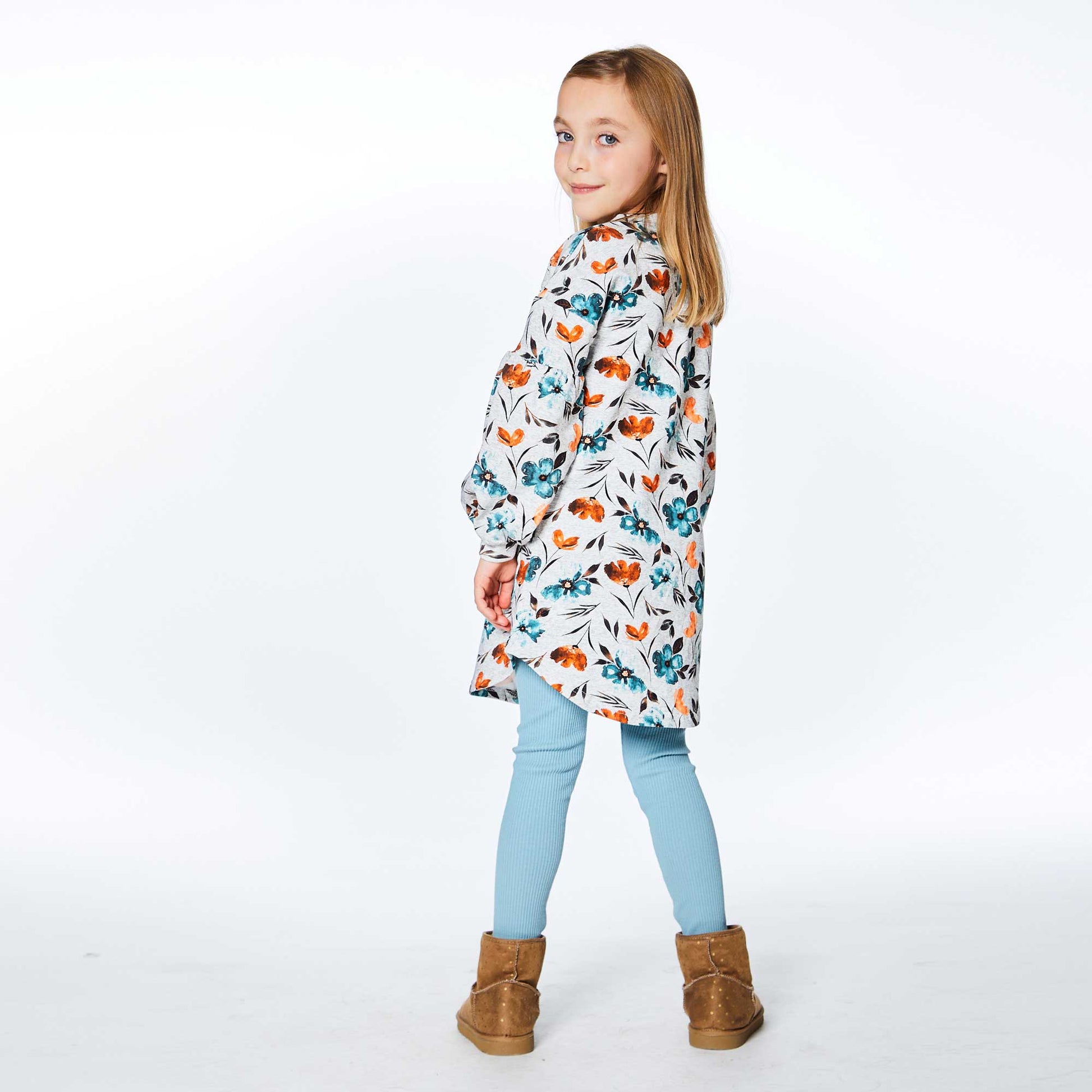 Printed Long Sleeve Dress With Watercolor Flowers-Deux par Deux-5-Urbanheer