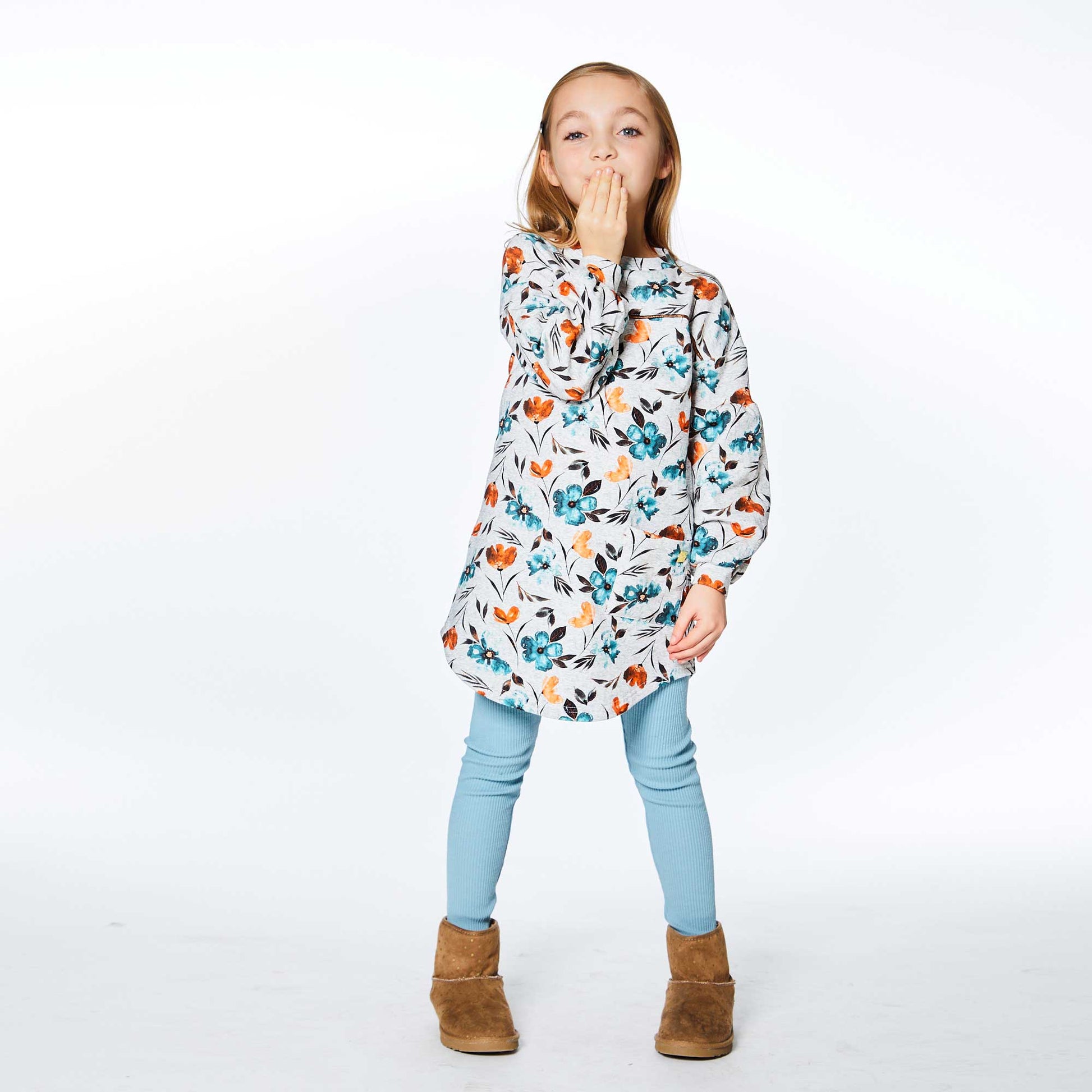 Printed Long Sleeve Dress With Watercolor Flowers-Deux par Deux-5-Urbanheer