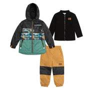 Colorblocked Printed 3 In 1 Spring Rain Set Black Forest, Green & Golden Beige-Deux par Deux-2-Urbanheer