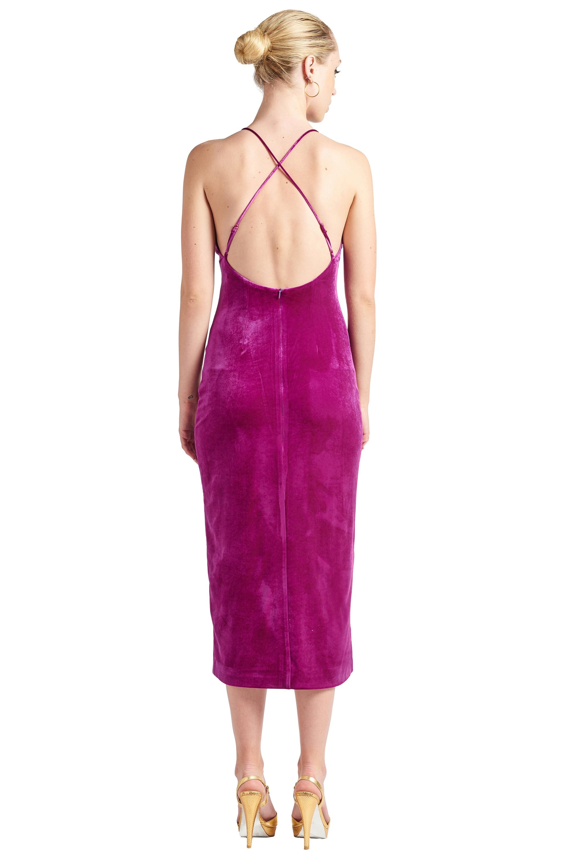 Elle Dress - Velvet slip dress with scooped back and thigh high slit-Peach Dionysus-0-Magenta-Urbanheer