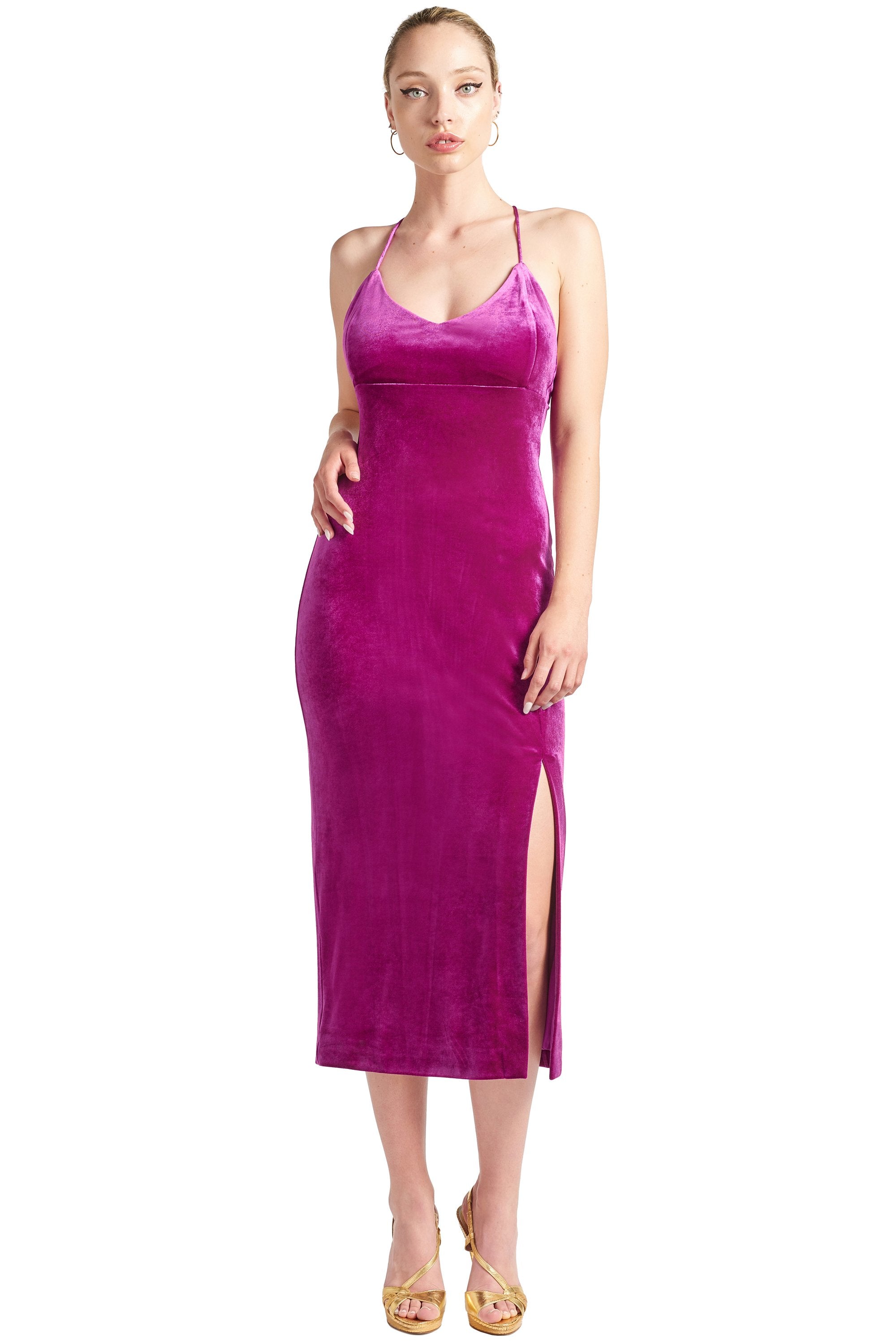 Elle Dress - Velvet slip dress with scooped back and thigh high slit-Peach Dionysus-0-Magenta-Urbanheer