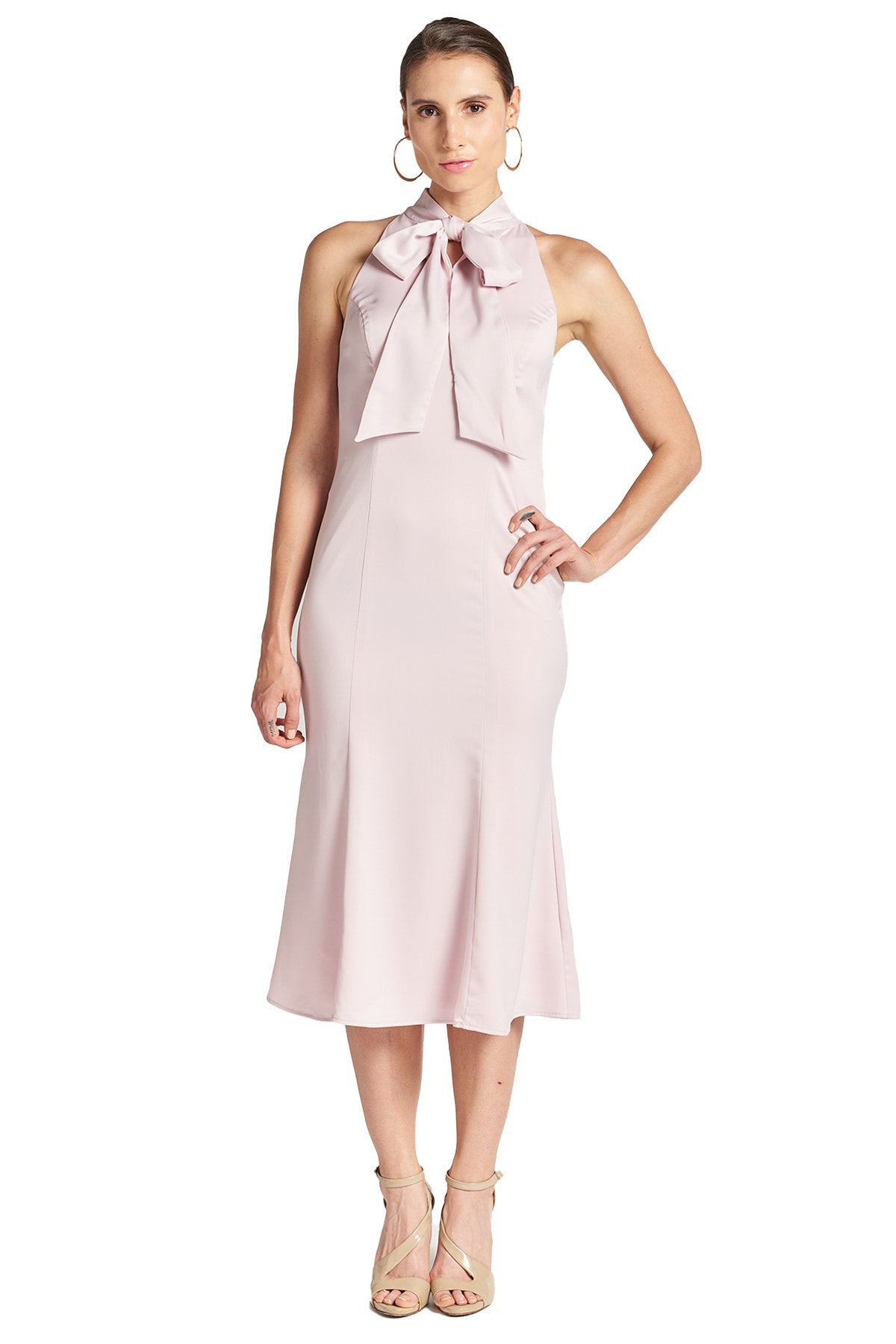 Eloise Dress - Stretch satin midi mermaid dress with neck tie (rose)-Simona Maghen-10-Rose-Urbanheer