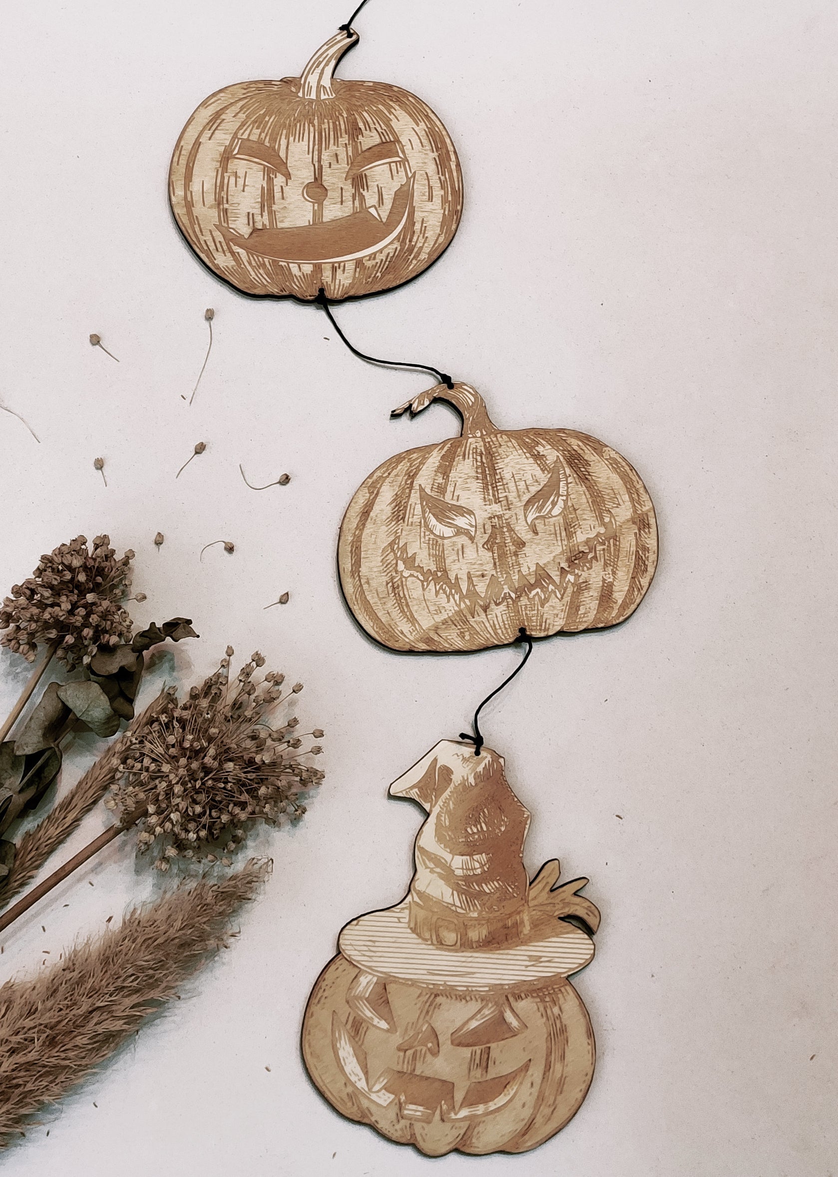 Pumpkins Halloween Party Supply - Wooden Ornament - Home Decor-Studio Rima-Hanging with Stripes-Urbanheer
