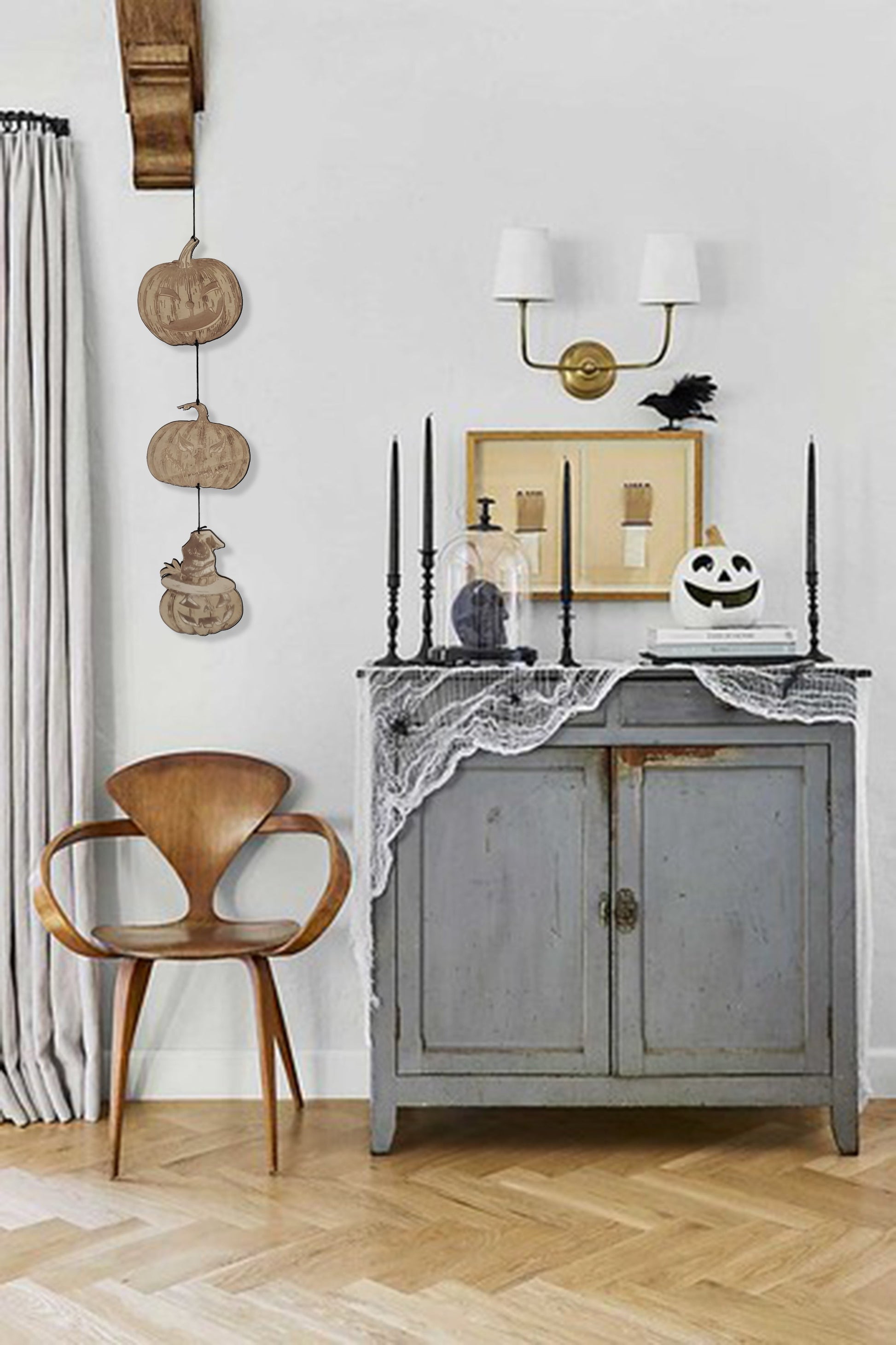 Pumpkins Halloween Party Supply - Wooden Ornament - Home Decor-Studio Rima-Hanging with Stripes-Urbanheer