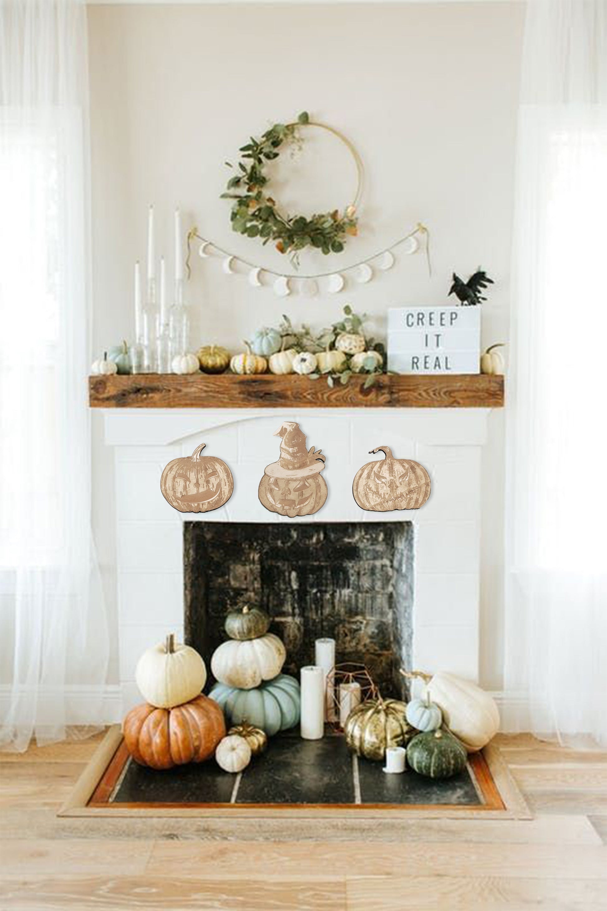 Pumpkins Halloween Party Supply - Wooden Ornament - Home Decor-Studio Rima-Hanging with Stripes-Urbanheer