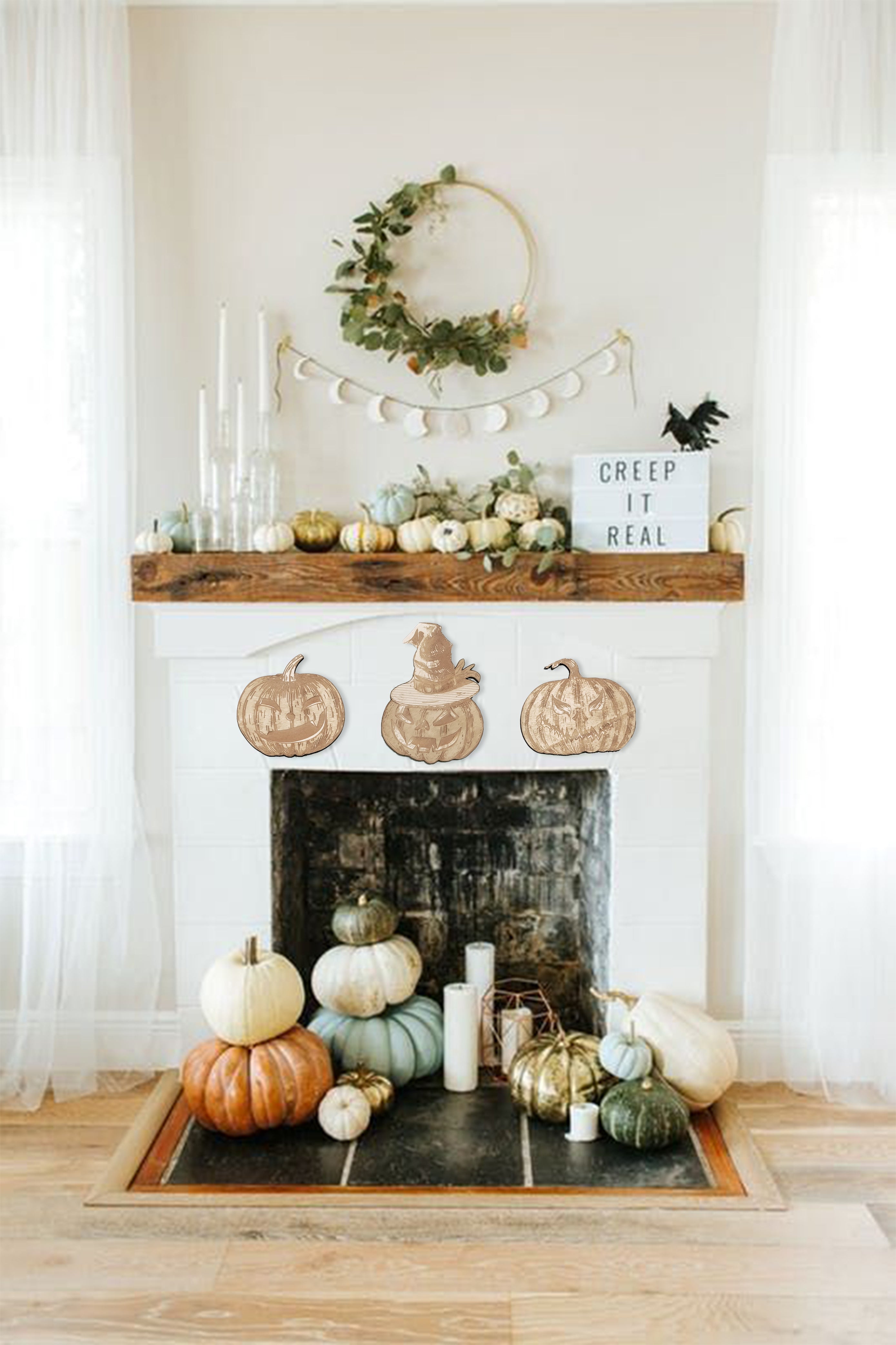 Pumpkins Halloween Party Supply - Wooden Ornament - Home Decor-Studio Rima-Hanging with Stripes-Urbanheer