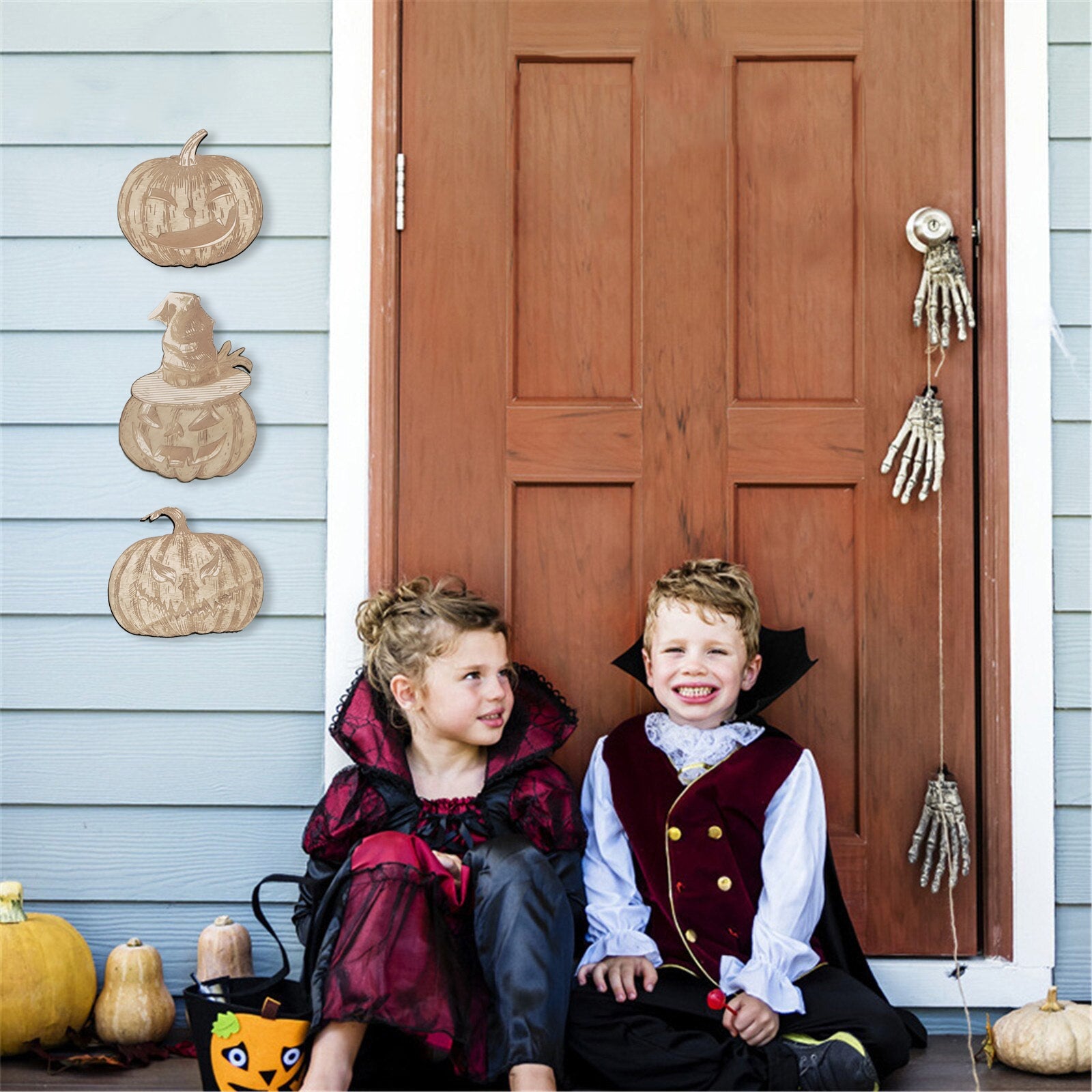 Pumpkins Halloween Party Supply - Wooden Ornament - Home Decor-Studio Rima-Hanging with Stripes-Urbanheer