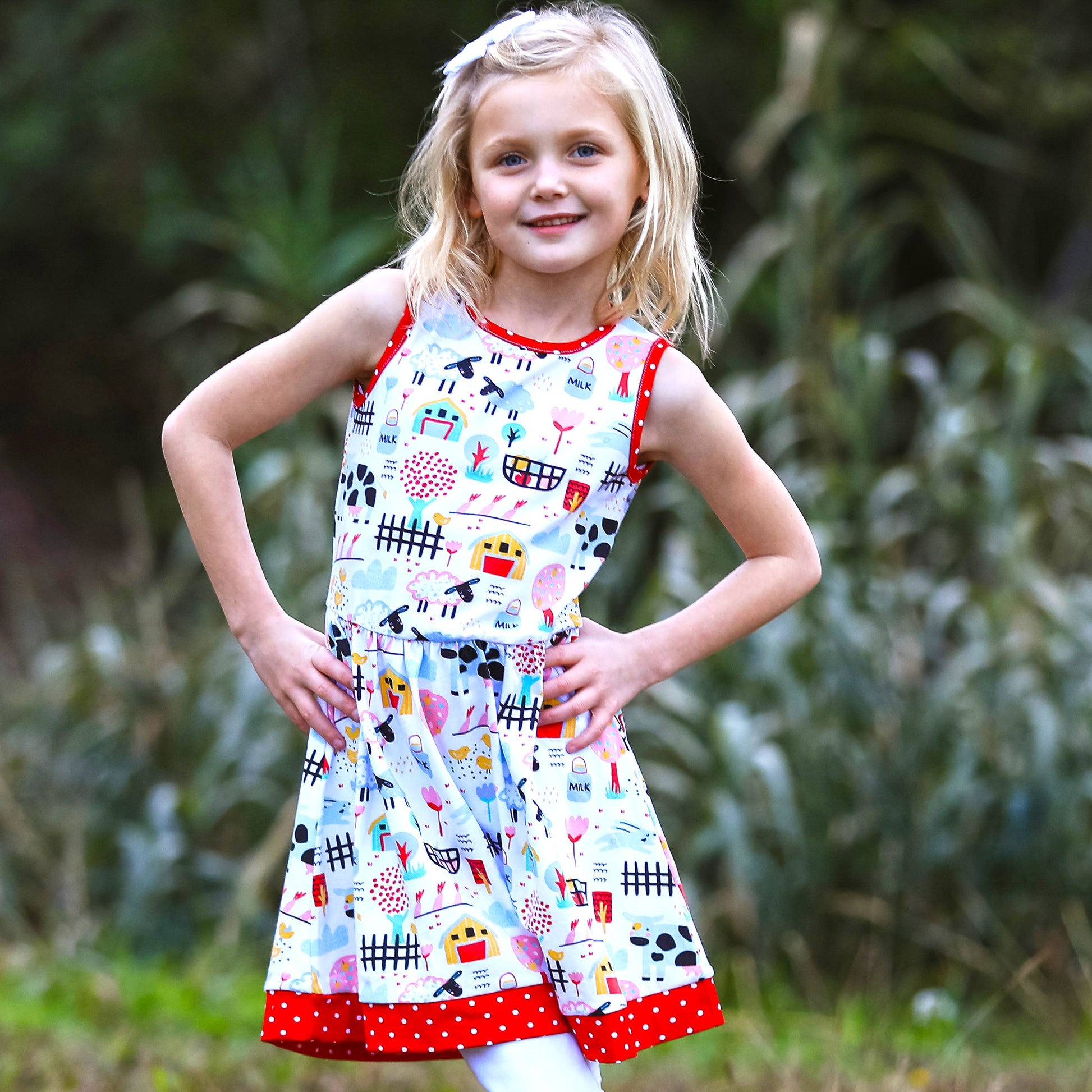 Annloren Little & Big Girls Farm Animal Sleeveless Cotton Swing Dress-AnnLoren-9-10-Urbanheer