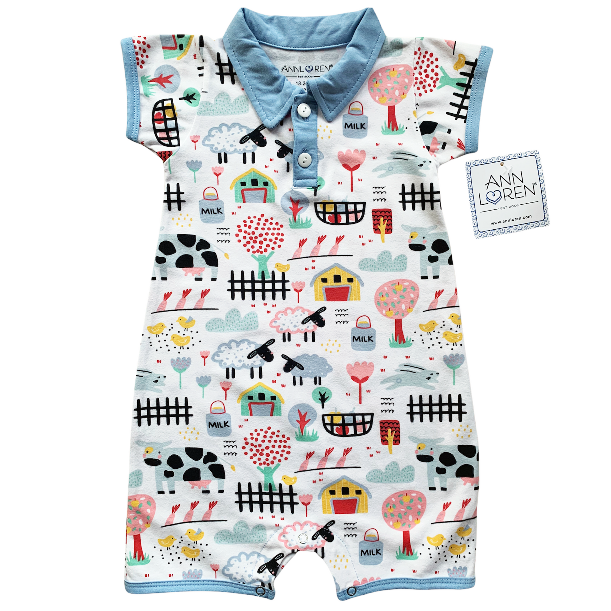 Annloren Baby/Toddler Boys Short Sleeve Fun Farm Animal Romper-AnnLoren-6-12 Mo-Urbanheer
