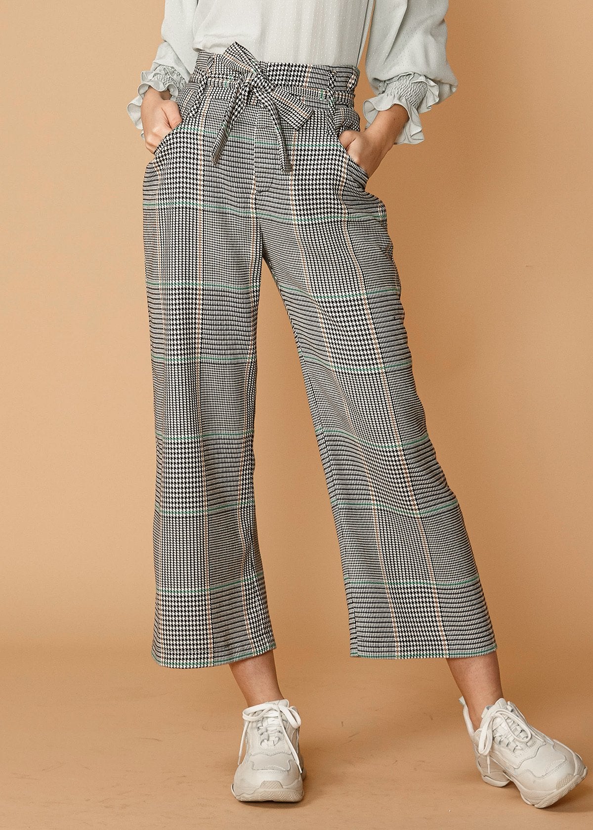 Women'S Plaid Tie Waist Cropped Pants In Fall Glen-Lemon Hera-L-Urbanheer