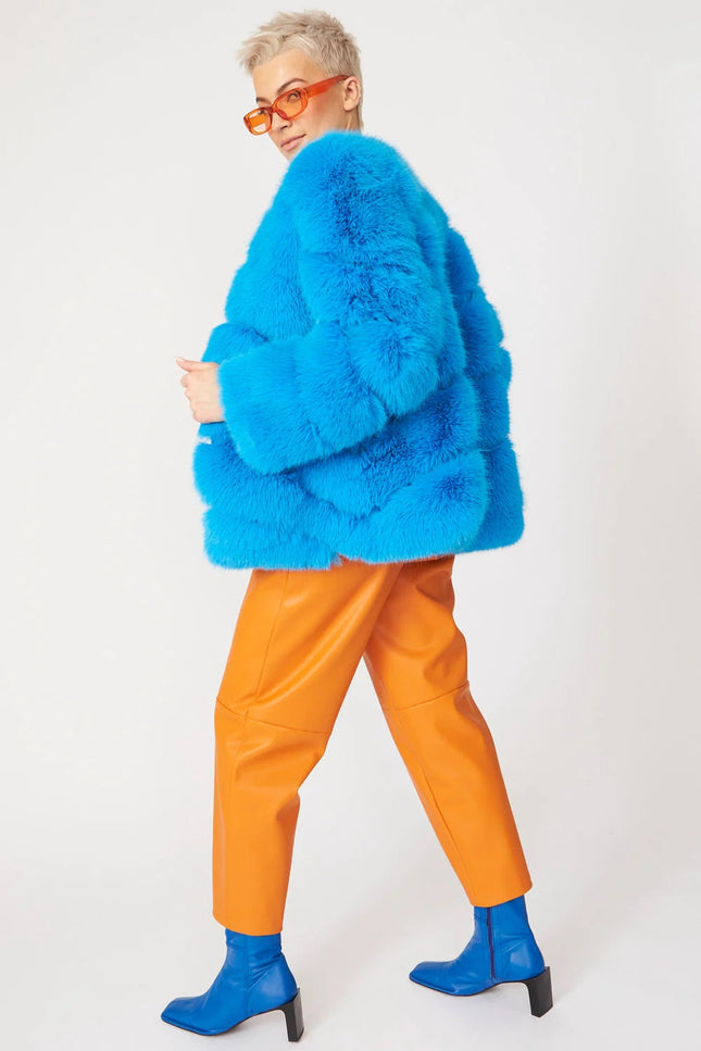Gaga Faux Fur Striped Blue Coat-Faux Fur Coats-Buy Me Fur Ltd-Urbanheer