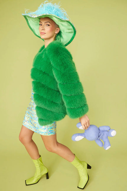 Gaga Faux Fur Striped Green Coat-Faux Fur Coats-Buy Me Fur Ltd-Urbanheer