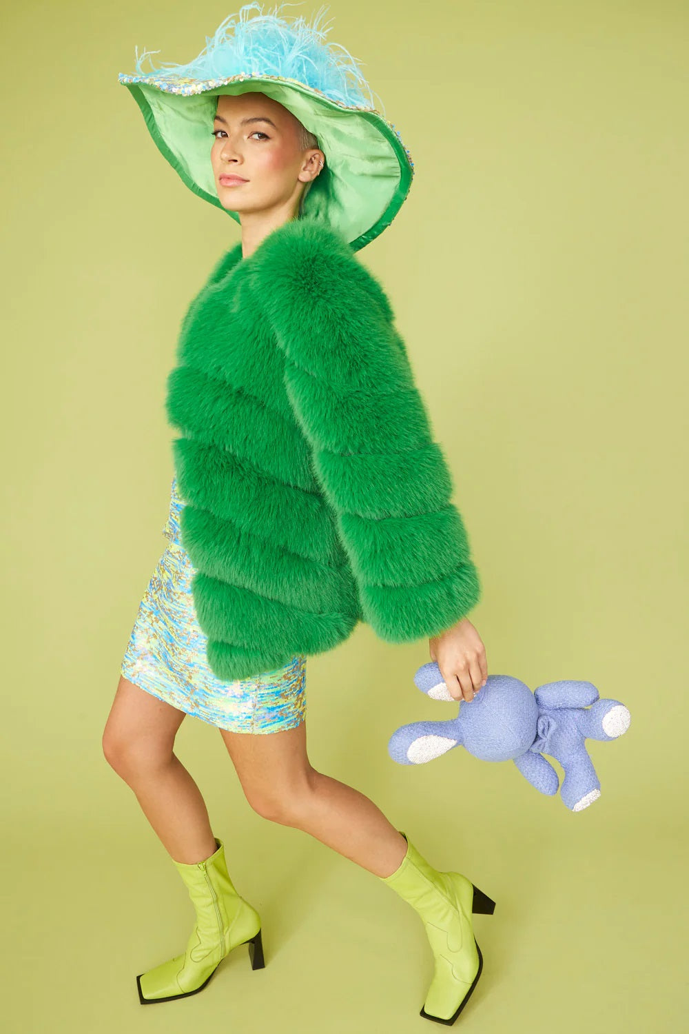 Gaga Faux Fur Striped Green Coat-Faux Fur Coats-Buy Me Fur Ltd-S-M-Green-Faux Fur-Urbanheer
