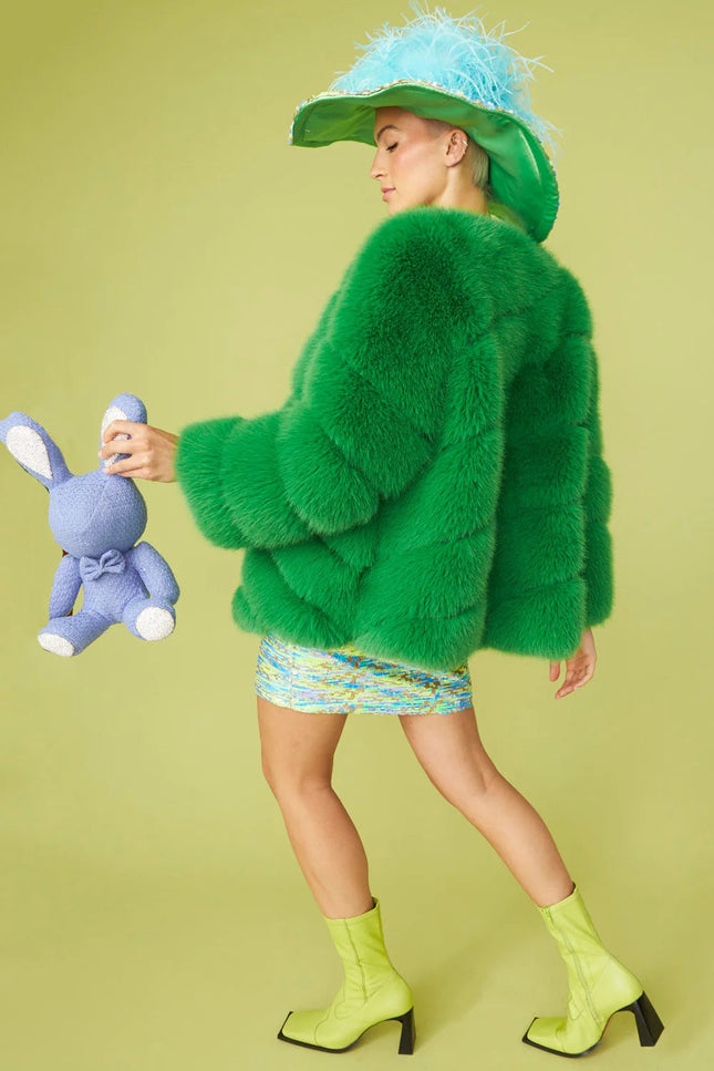 Gaga Faux Fur Striped Green Coat-Faux Fur Coats-Buy Me Fur Ltd-Urbanheer