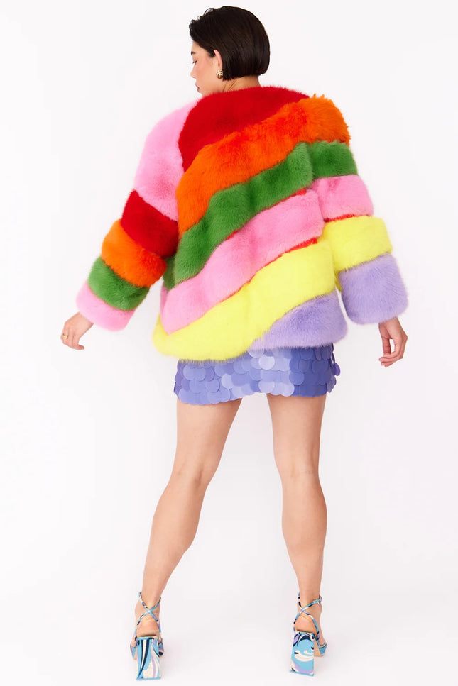 Gaga Faux Fur Striped Rainbow Coat-Clothing - Women-Buy Me Fur Ltd-Urbanheer
