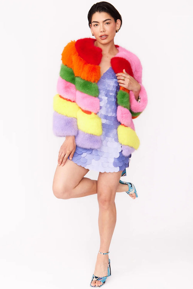 Gaga Faux Fur Striped Rainbow Coat-Clothing - Women-Buy Me Fur Ltd-S-M-Multicolor-Faux Fur-Urbanheer
