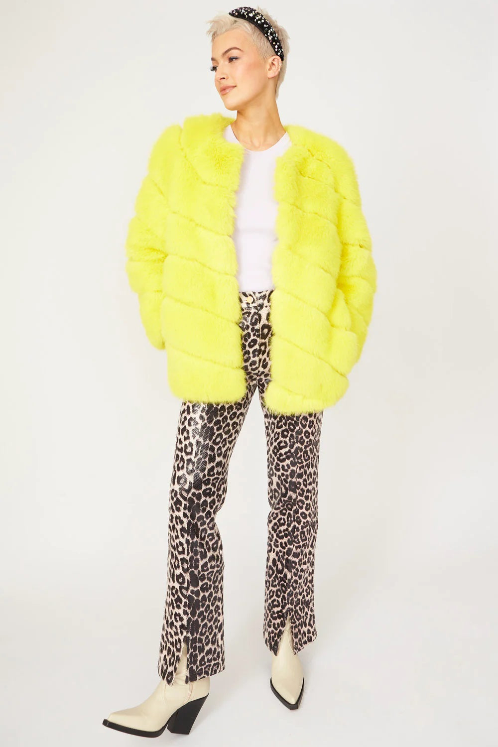 Gaga Faux Fur Striped Yellow Coat-Faux Fur Coats-Buy Me Fur Ltd-S-M-Yellow-Faux Fur-Urbanheer
