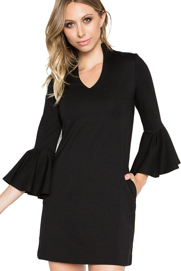 Gina Dress -  Bell sleeve shift dress with side slit pockets (black)