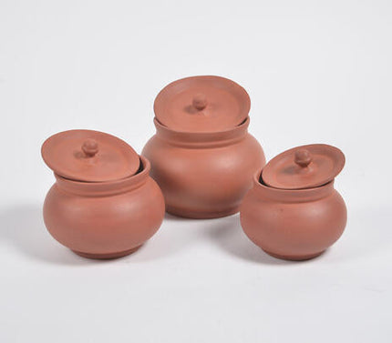 Terracotta Pottery Classic Hotpots With Lids (Set Of 3)-Qalara-Urbanheer