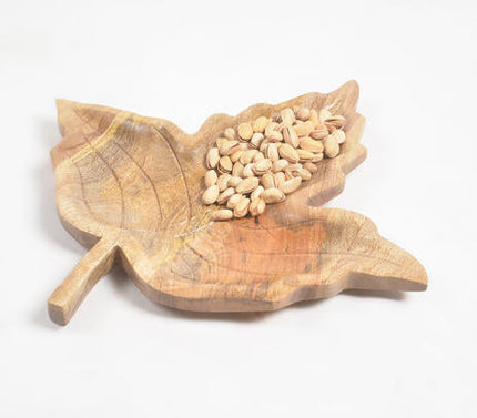 Maple Leaf Hand Carved Raw Mango Wood Platter-Qalara-Urbanheer